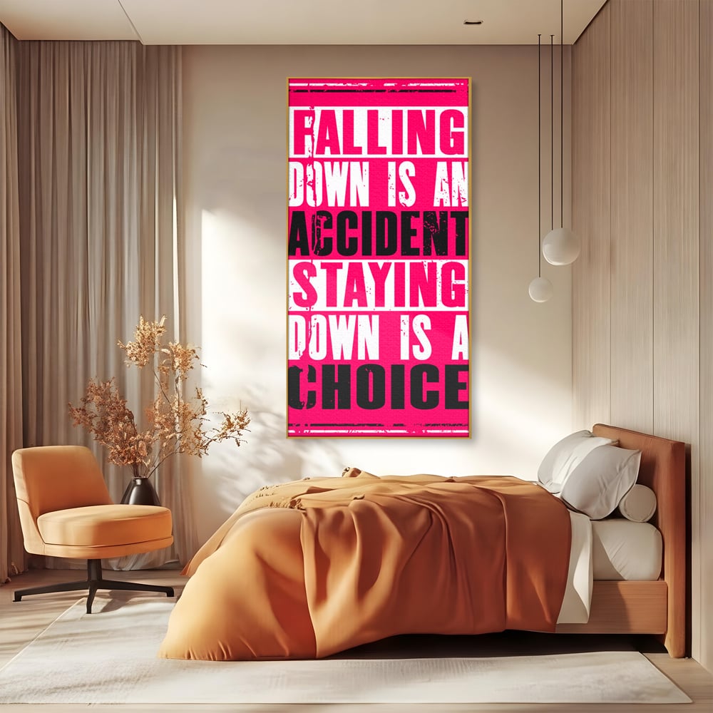 Tablou canvas cu tablou canvas cu citat motivational vertical, in rama de aluminiu auriu, pe perete intr-un dormitor